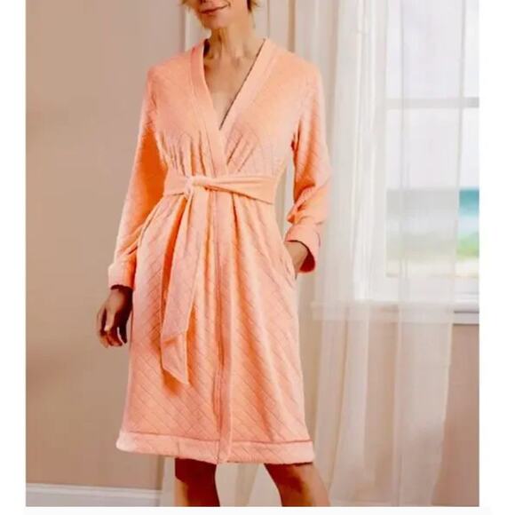 Soft Surroundings Bathrobe Coral Peach Plush Soft Tie Lounge Leisure Spa Sm - Picture 1 of 4